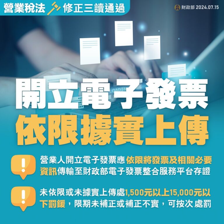 開立電子發票未依限上傳者，依照營業稅法第48條之2，處1,500元以上15,000元以下罰鍰